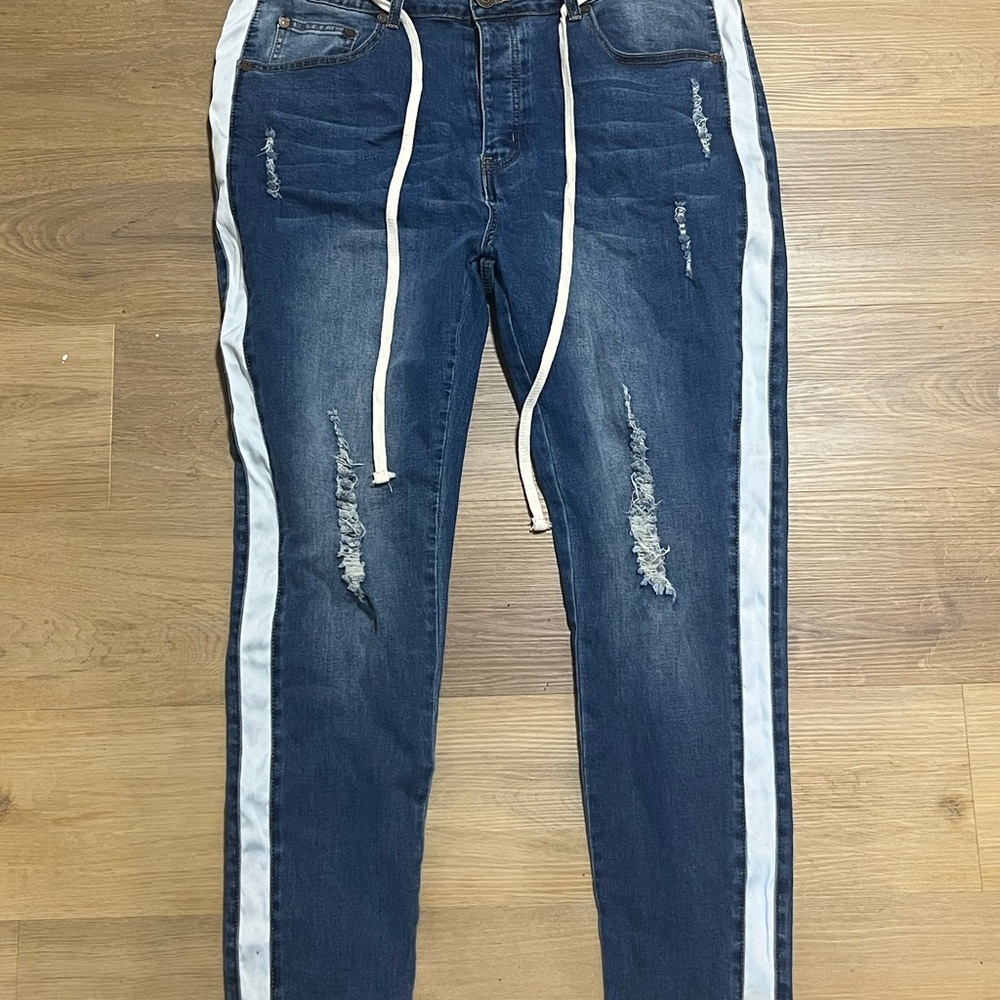 BooHooMan Blue Distressed Jeans with White Stripes